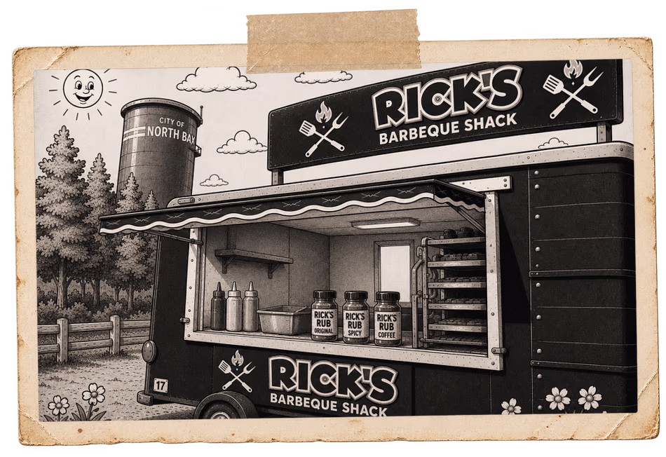 Hand-drawn sketch of the Rick's BBQ food truck with its serving window open, taped into a paper frame