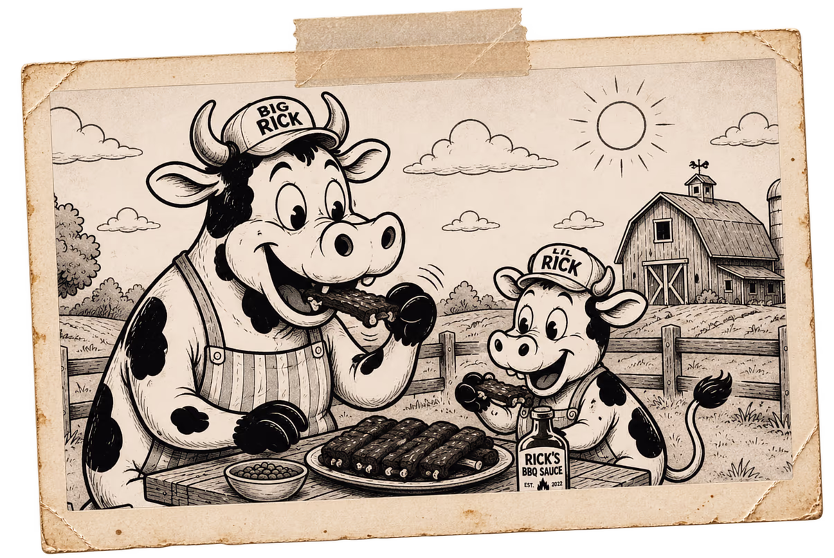 Hand-drawn sketch of two cartoon cows sharing a plate of BBQ outside a barn, in a taped polaroid frame