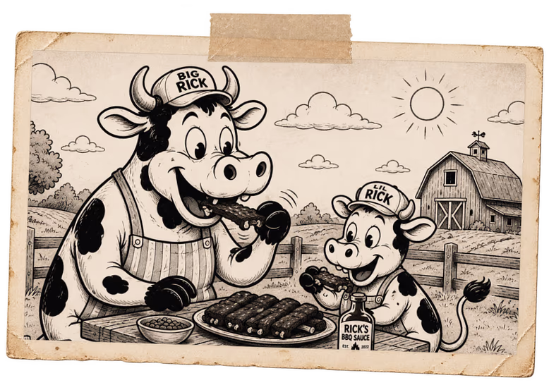 Hand-drawn sketch of two cartoon cows sharing a plate of BBQ outside a barn, taped into a paper frame